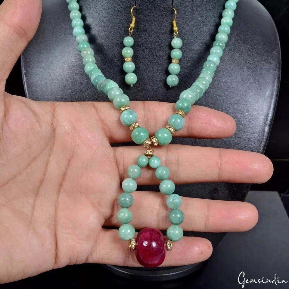 321 Cts Natural Green Emerald Red Beryl Round Cab Beaded Handmade Jewelry Set