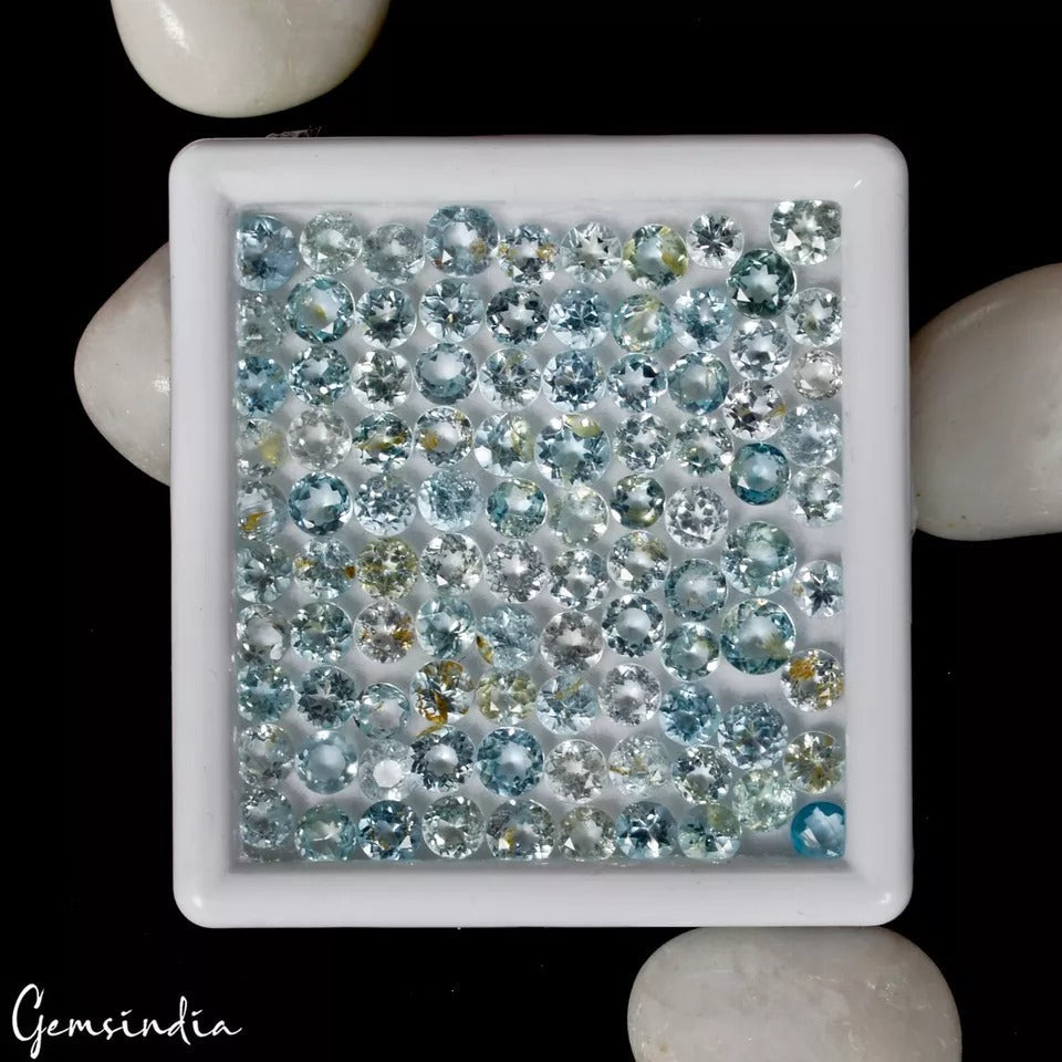 65.45 Ct/100 Pcs Natural Untreated Brazilian Blue Topaz Round Cut Loose Gems Lot