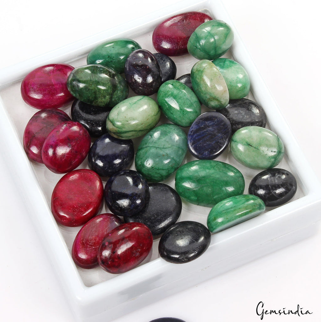 Certified 580 Ct Natural Ruby Emerald Sapphire Oval Cabochon Loose Gemstones Lot