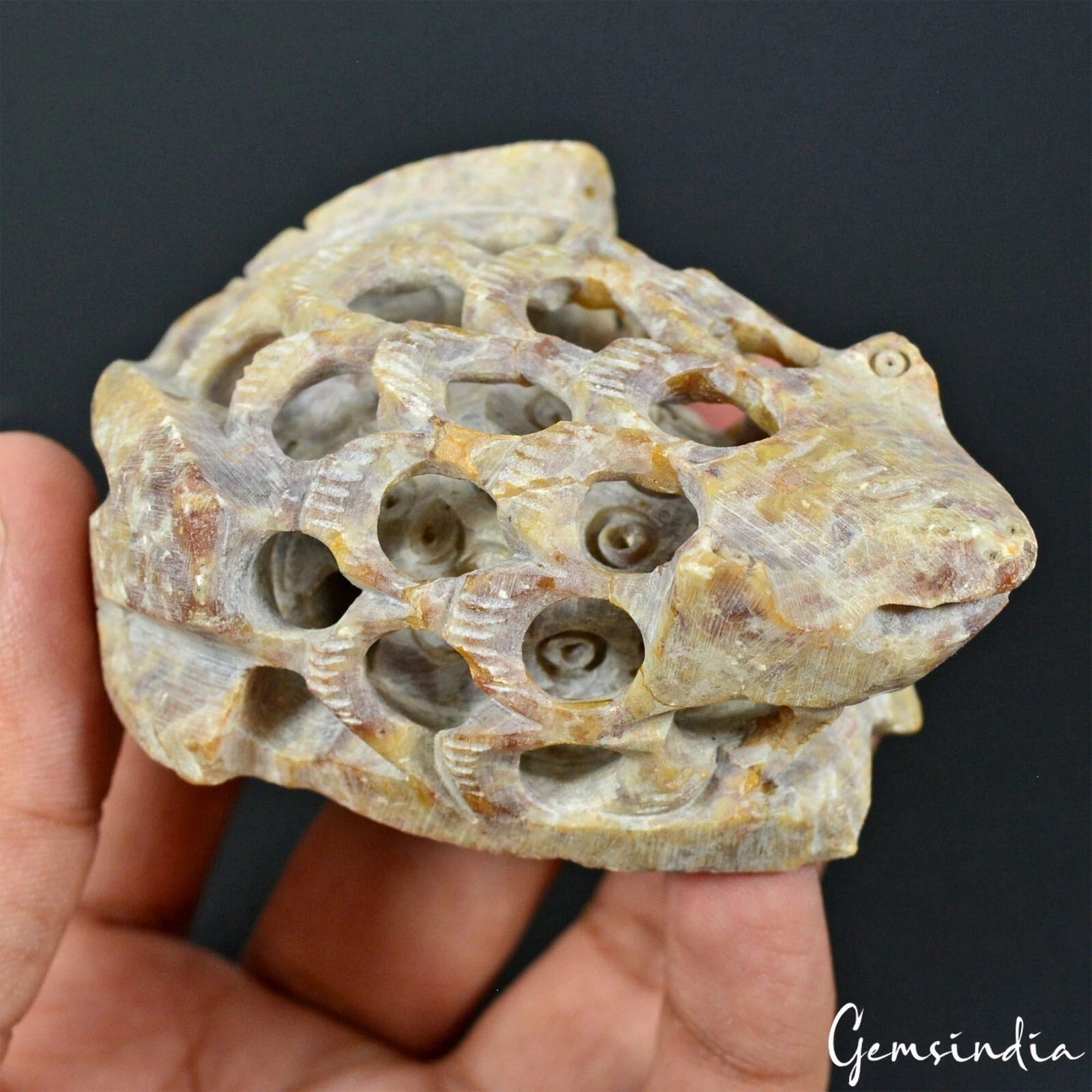 715 Cts Hand Carved Huge Soap Stone Frog-Mother with Baby Frog Inside Sculpture