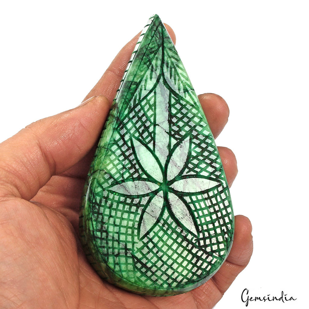 1130 Ct Natural Green Brazilian Emerald Pear Carving Museum Size Loose Gemstone
