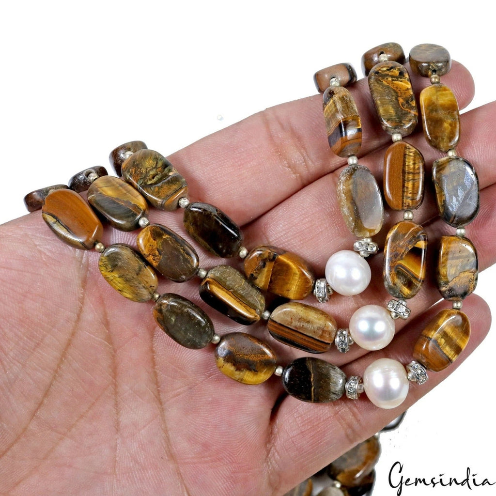 663 Cts Natural Untreated Tiger Eye Oval Cab Beaded Handmade Necklace & Earring