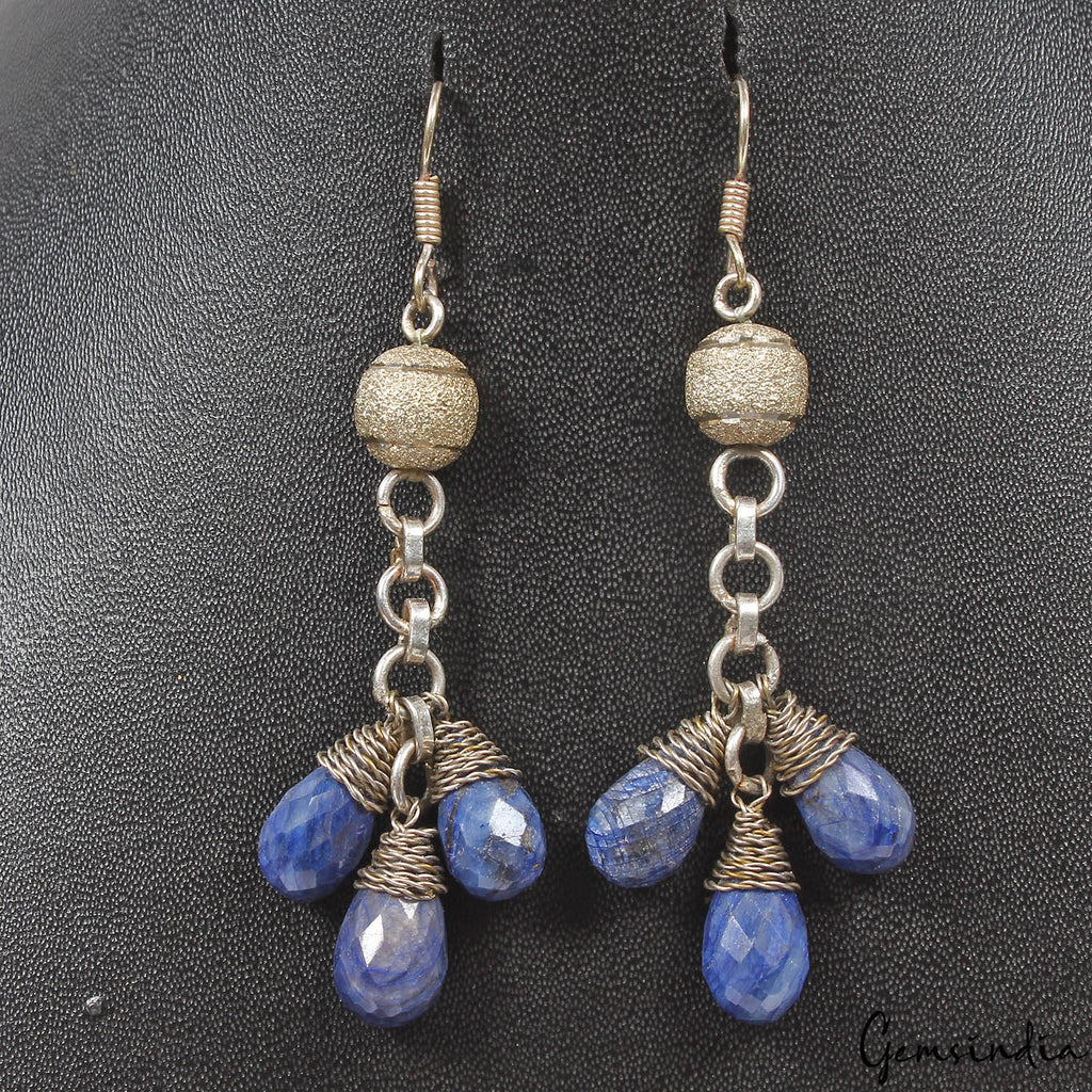 87 Cts Natural Blue Sapphire Pear Beaded Drop/Dangler Earring 3" Christmas Sale
