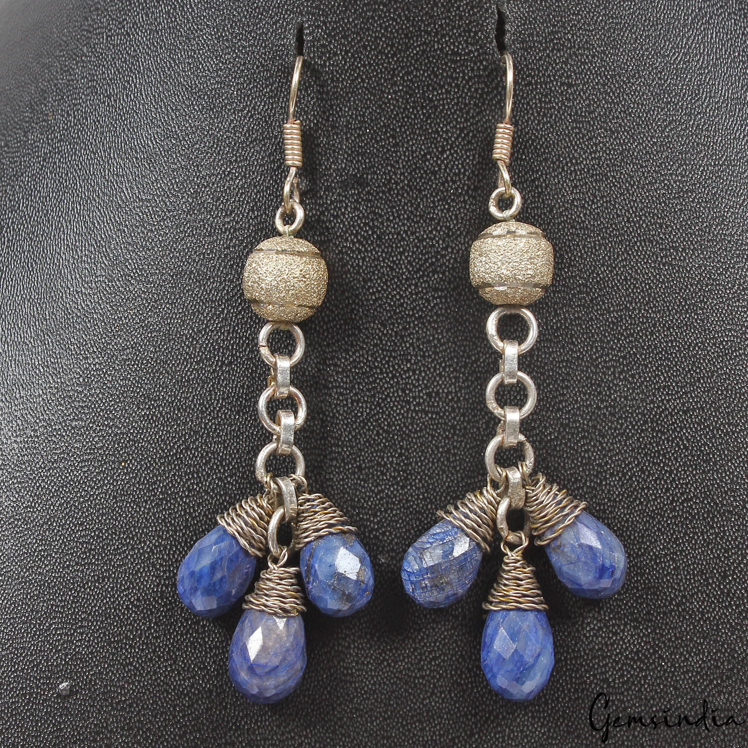 87 Cts Natural Blue Sapphire Pear Beaded Drop/Dangler Earring 3" Christmas Sale
