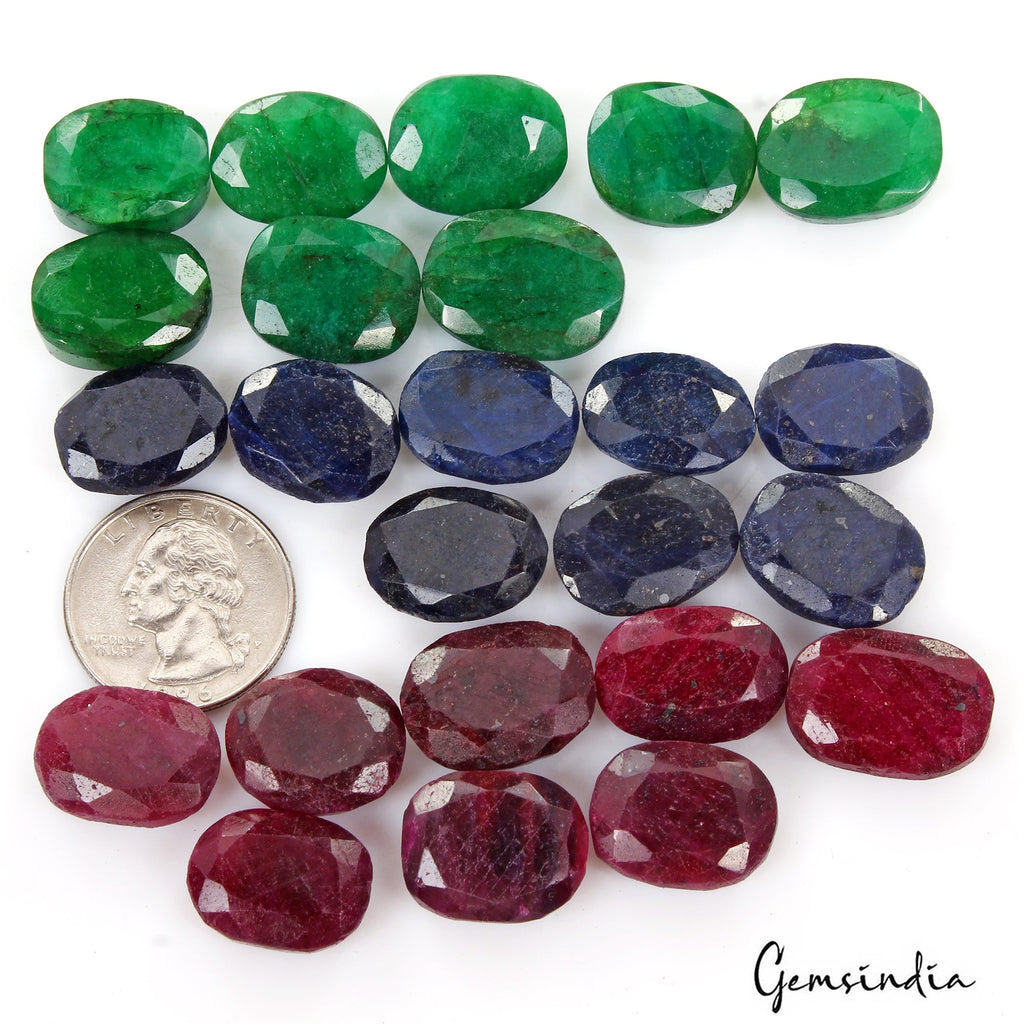 570 Ct Natural Ruby Emerald Sapphire Oval Cut Faceted Loose Certified Gems Lot