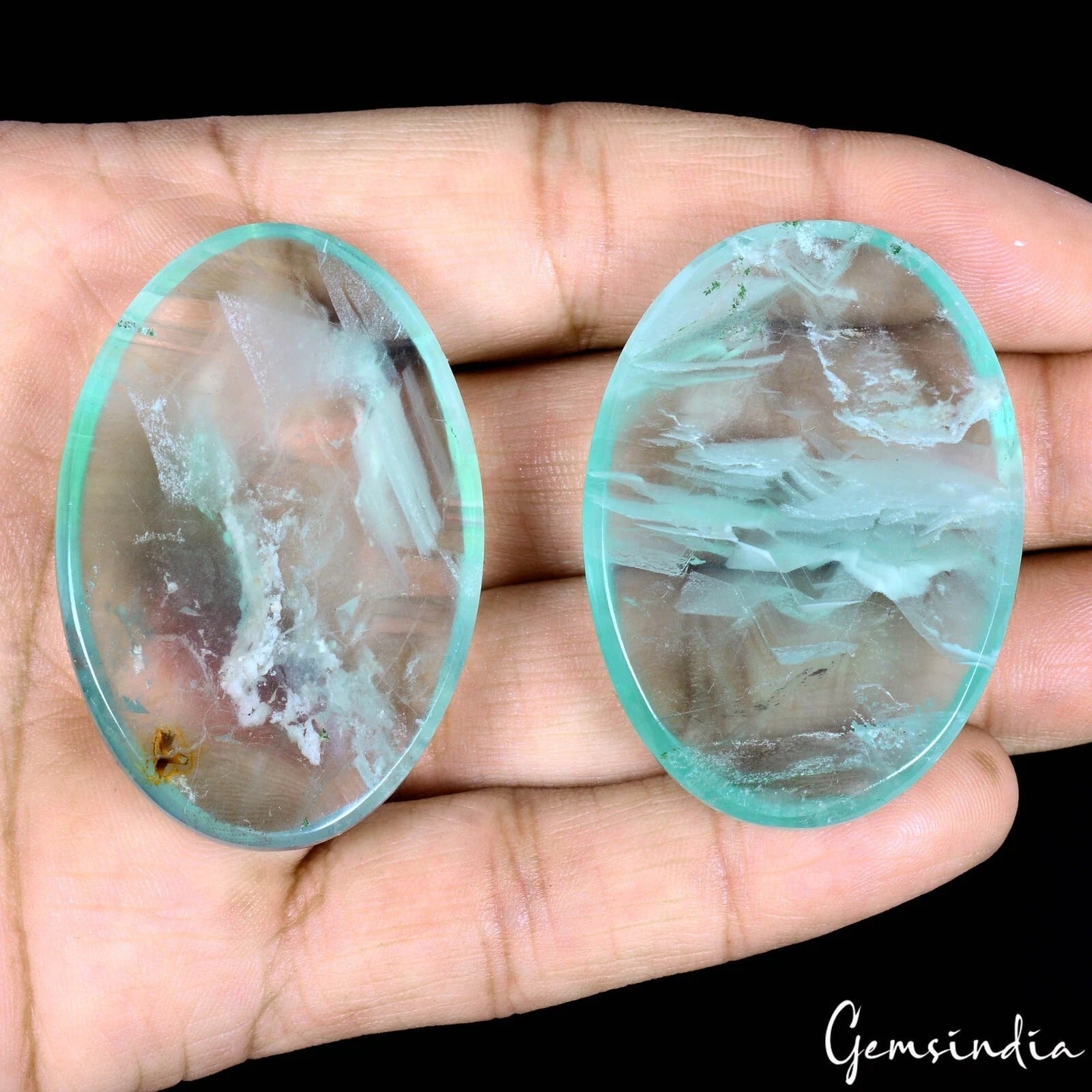 380 Natural Green Untreated Fluorite Oval Cab Loose Gems Lot 2 Pcs For Jewelry