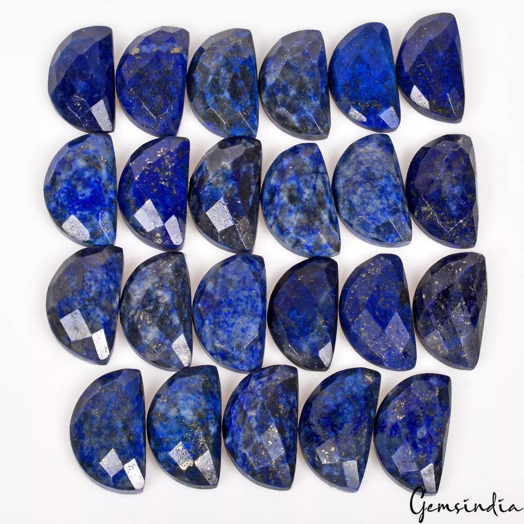 Lapis Lazuli Lot, Loose Gemstone, "D" ~ Half Moon Checker Cut with Flat Back, Color Enhanced — 23 Pieces, 23x13mm, 400 Ct, Afghanistan