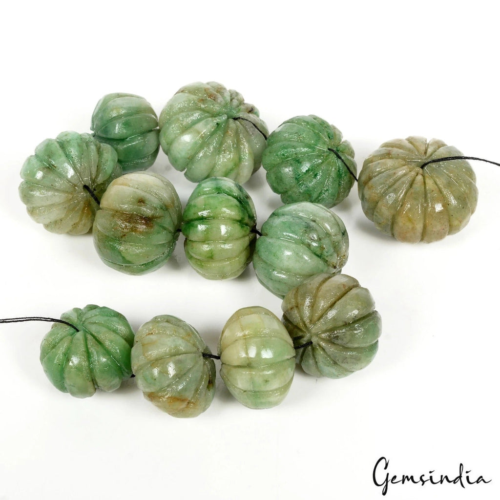 450 Cts/12 Pcs Natural Green Emerald Round Pumpkin Carved Drill Beads Gems Lot