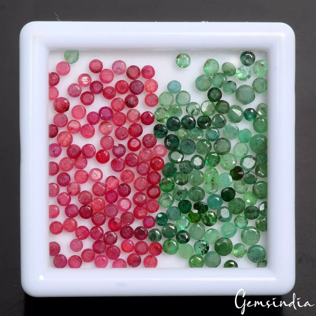 2-3mm Round Cut Natural Emerald Ruby Loose Jewelry Kind Gemstones~ 22 Ct/200 Pcs