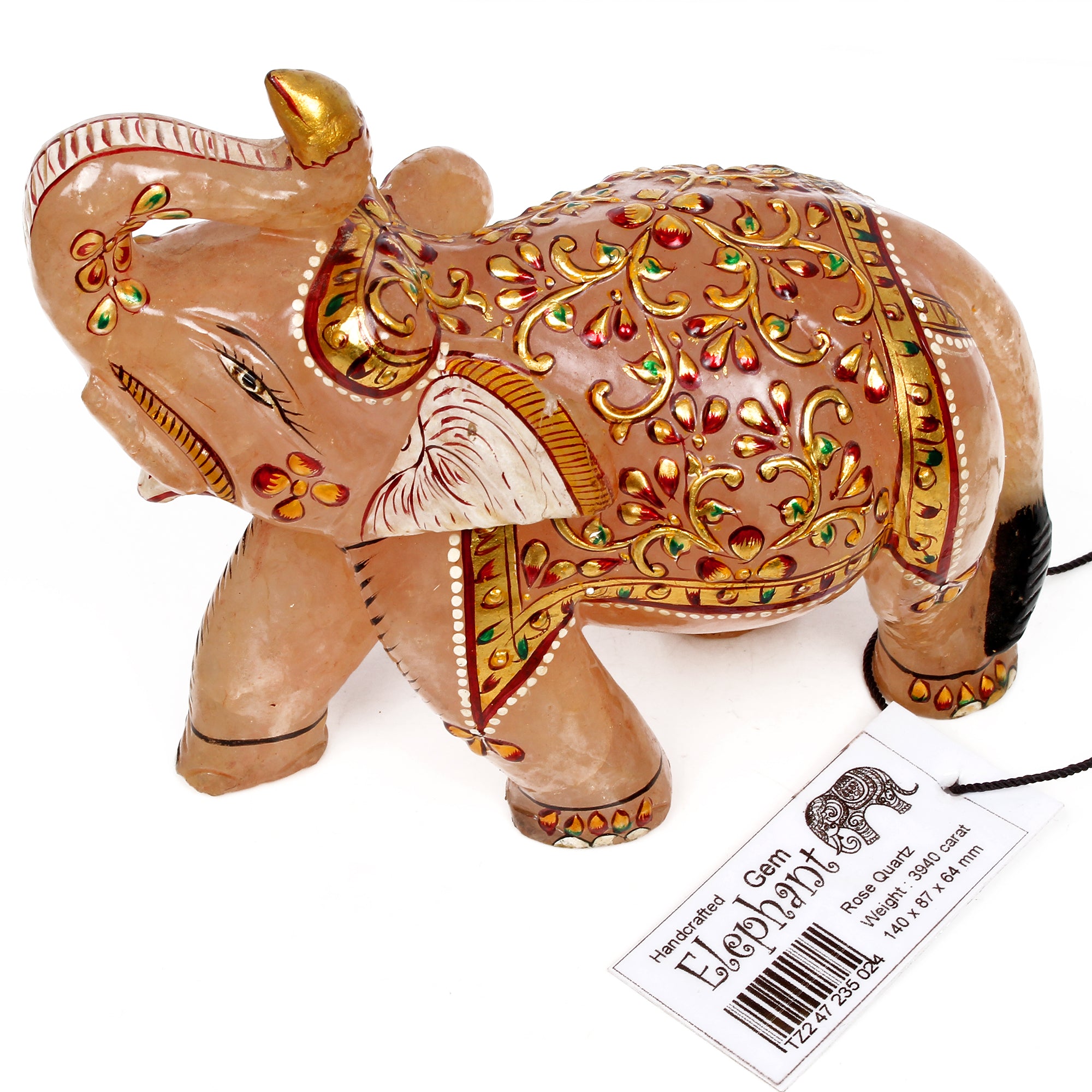 Rose Quartz Elephant Figurine, Gold — 140x87x64mm, 3940 Ct, India