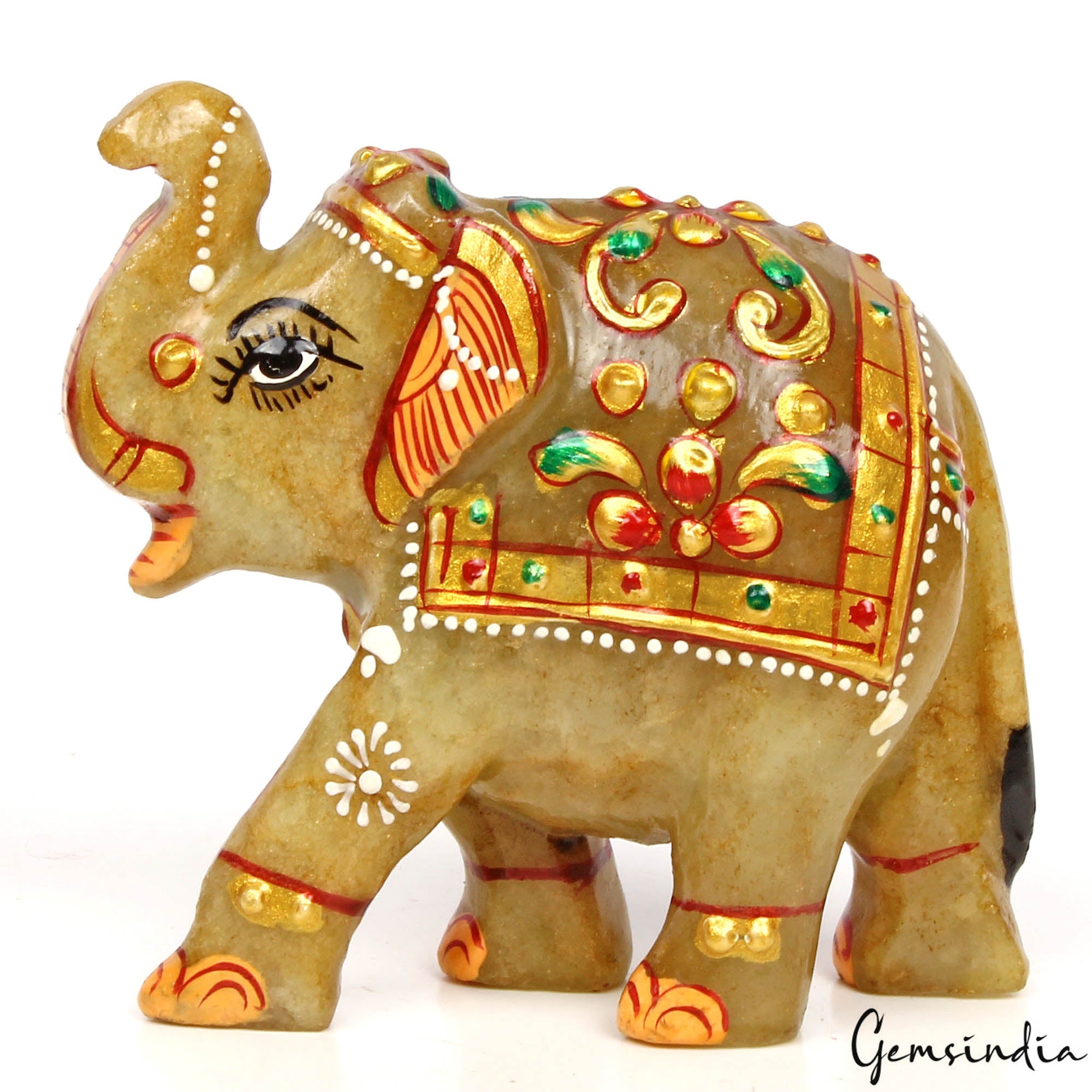 740 Cts Natural Aventurine Hand Crafted Gold Painted Elephant Sculpture/ Statue