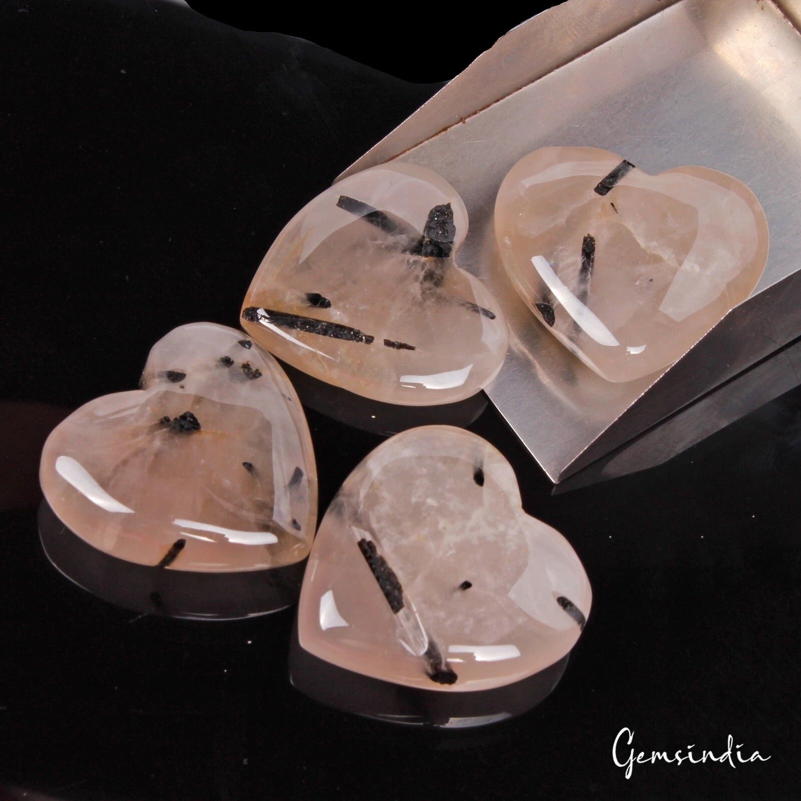 Natural Untreated Rutilated Quartz 214.20 Ct Heart Cabochon Loose Gems Lot 4 Pcs