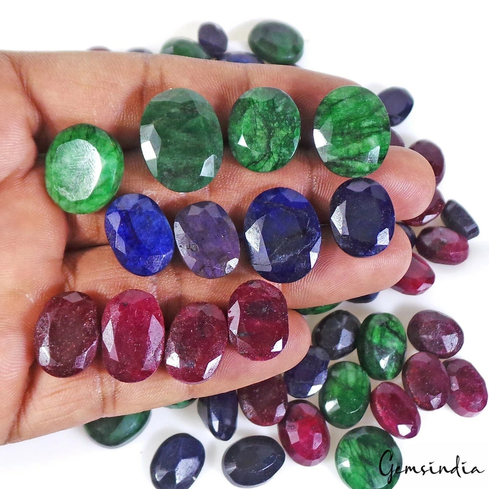 1300 Ct Natural Ruby Emerald Sapphire Mix Cut 12-20mm Loose Ring Size Gems~100Pc