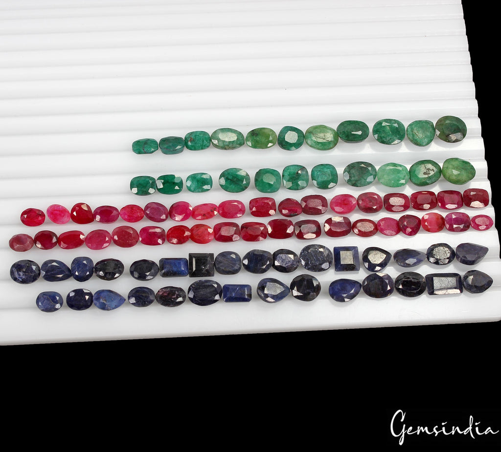 197 Ct/89P Natural Ruby Emerald & Sapphire Loose Mix Cut Gemstones Certified Lot