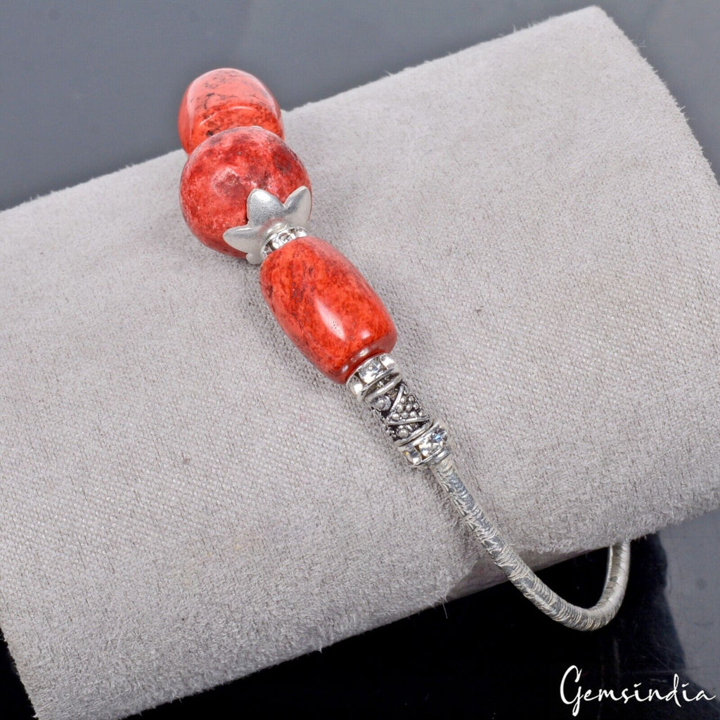 90.60 Cts Dark Orange Coral Gem Silver Stretchable Designer 6.5 Inch Bracelet