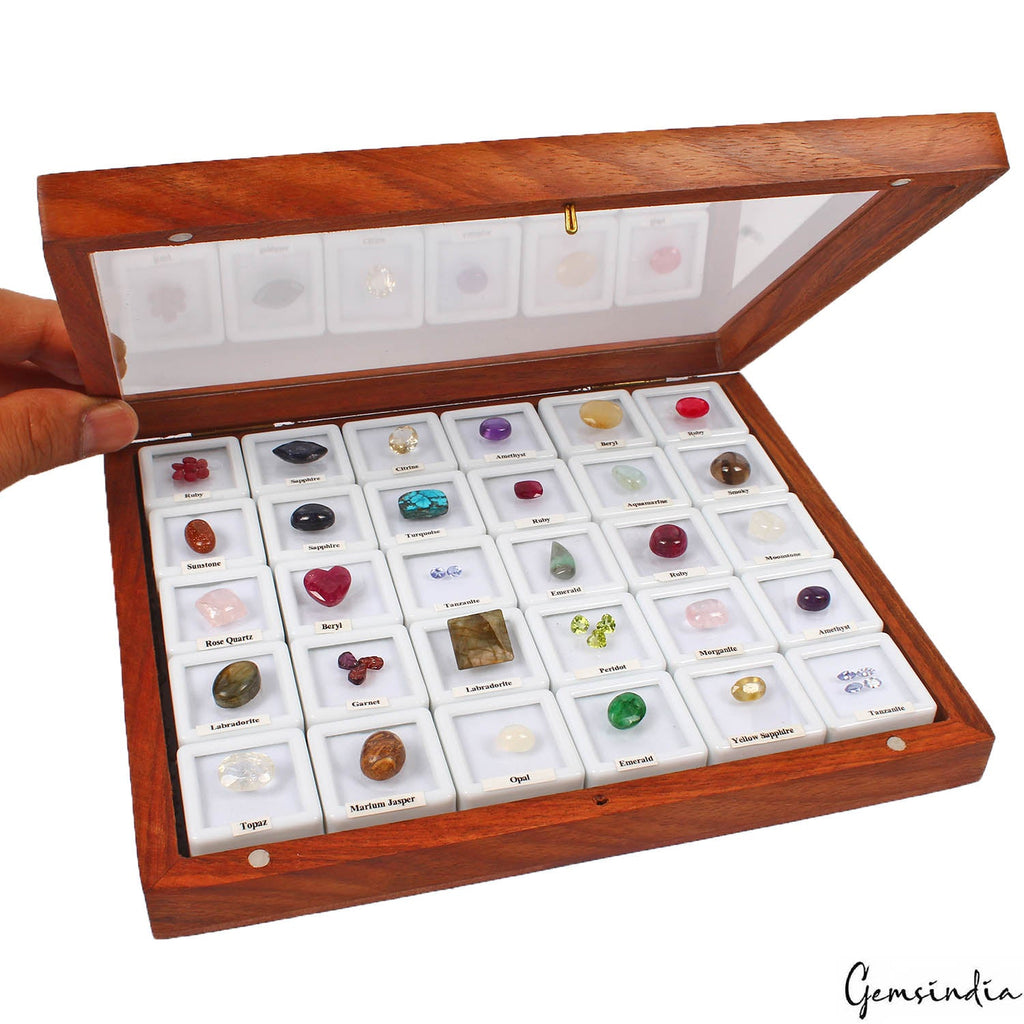 44 Pcs Estate Genuine Semi Precious Loose Multi Color Gems Collection+Wooden Box