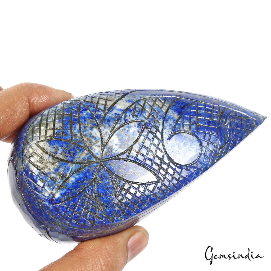 2250 Cts Natural Blue Gold Pyrite Lapis Lazuli Pear Leaf Shape Carved Huge Gem