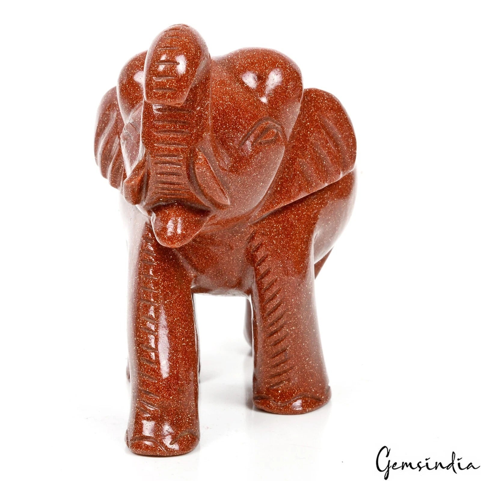 2400Ct Natural Brown Sunstone Trunk up Elephant Hand Crafted/Decor Gem Sculpture