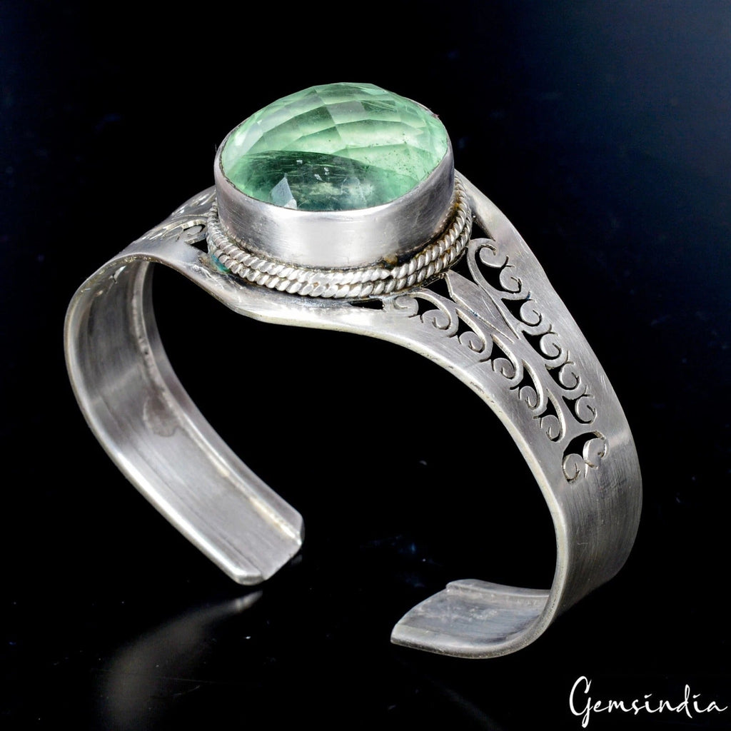 925 Sterling Silver Fluorite Gem Handmade Jewelry Adjustable Cuff Bracelet 43 gm