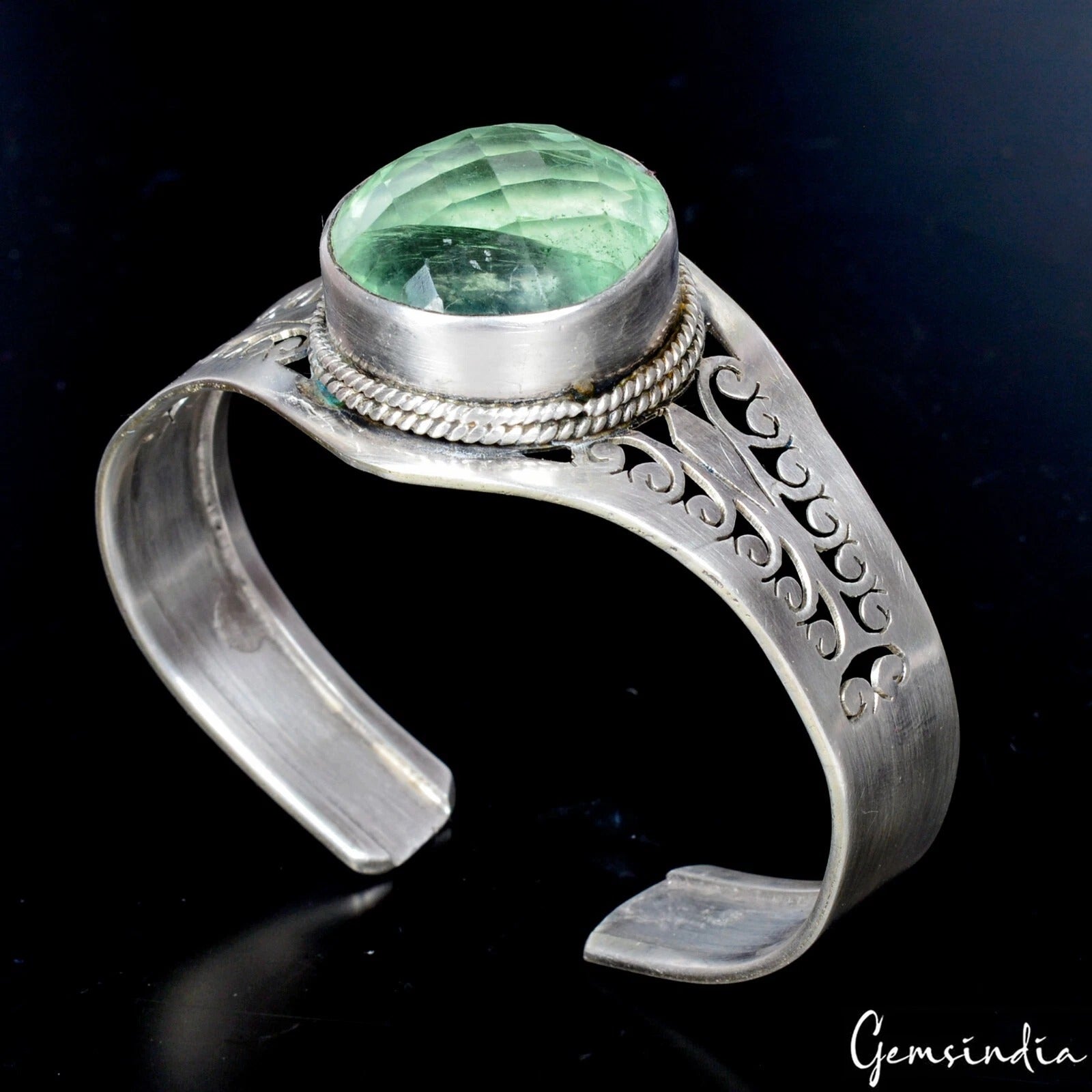 925 Sterling Silver Fluorite Gem Handmade Jewelry Adjustable Cuff Bracelet 43 gm