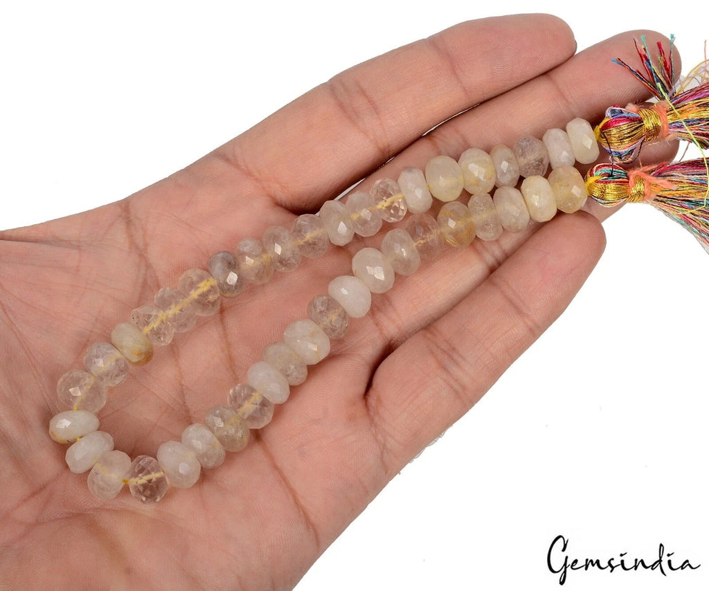 183.30 Ct Natural Untreated Golden Rutile Gem Round Faceted Cut Beaded 10" Stand