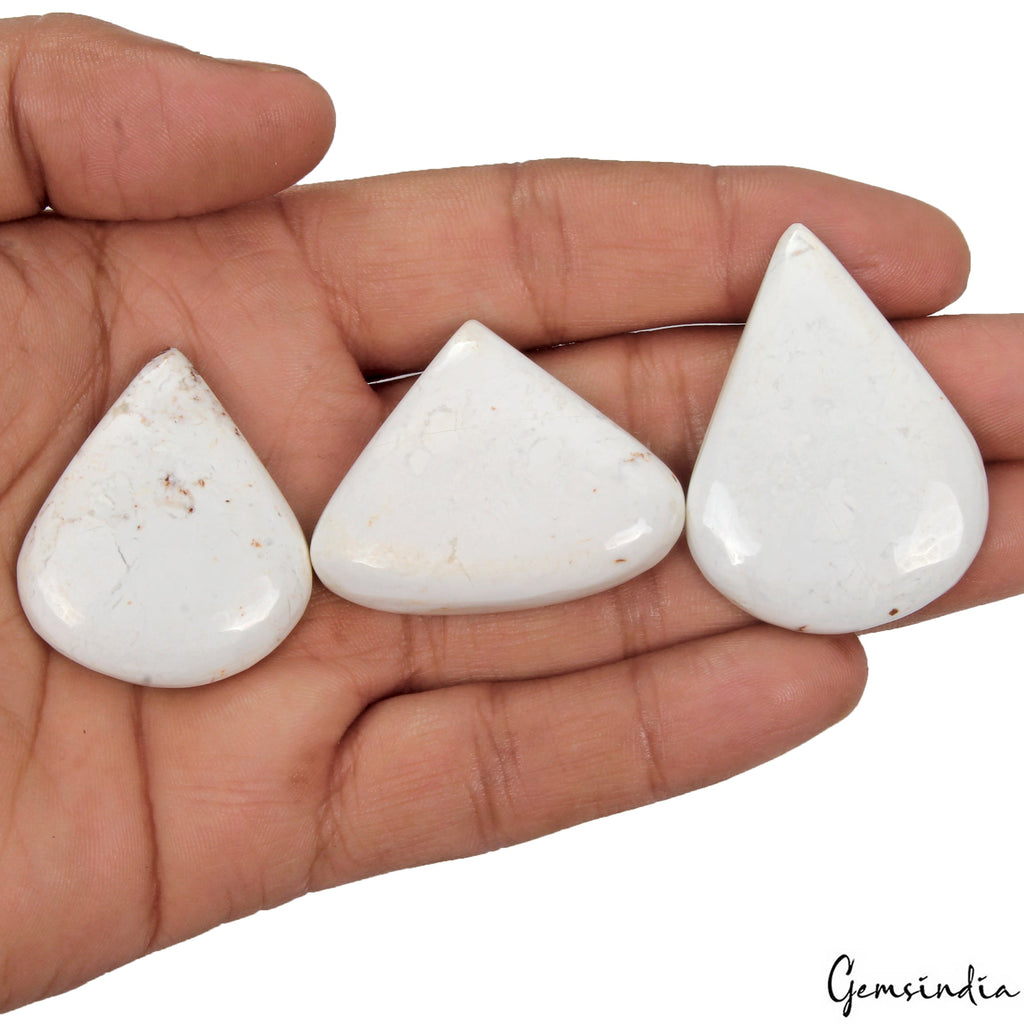 Natural White Buffalo Turquoise 33-44mm Pear Cabochon 3 Pcs Loose Gemstones Lot