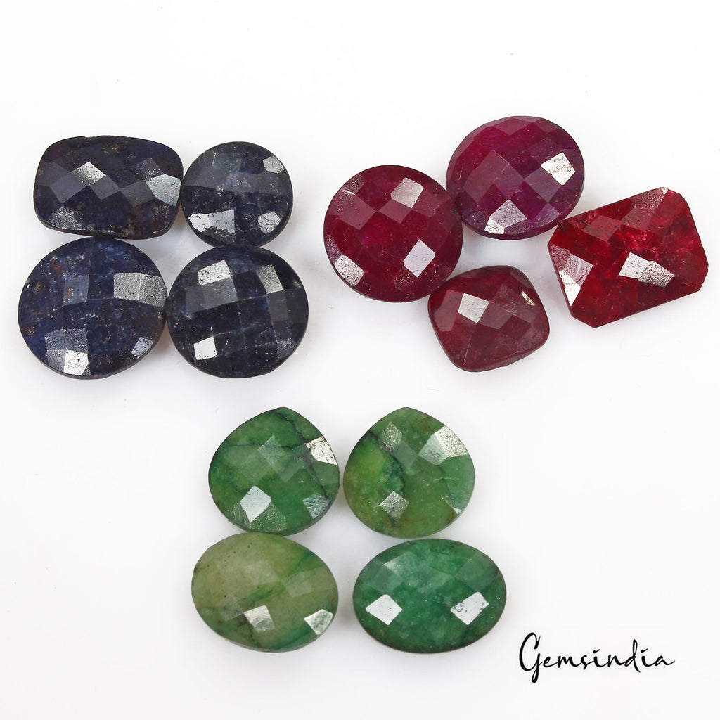 121.30 Cts/12 Pcs Natural Multi Color Ruby Emerald Sapphire Mix Checker Cut Gems