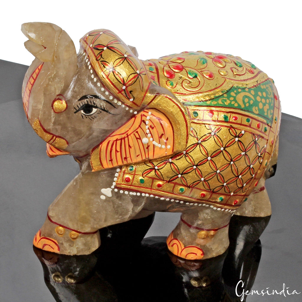 2550 Cts Natural Aventurine Gemstone Hand Crafted Gold Painted Elephant Statue