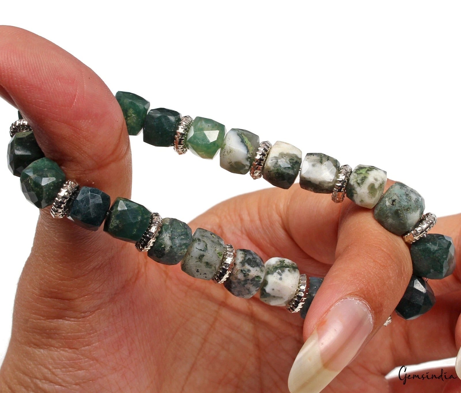 92.10Ct Natural Untreated Bi-color Moss Agate Dice Cut Bead Stretchable Bracelet