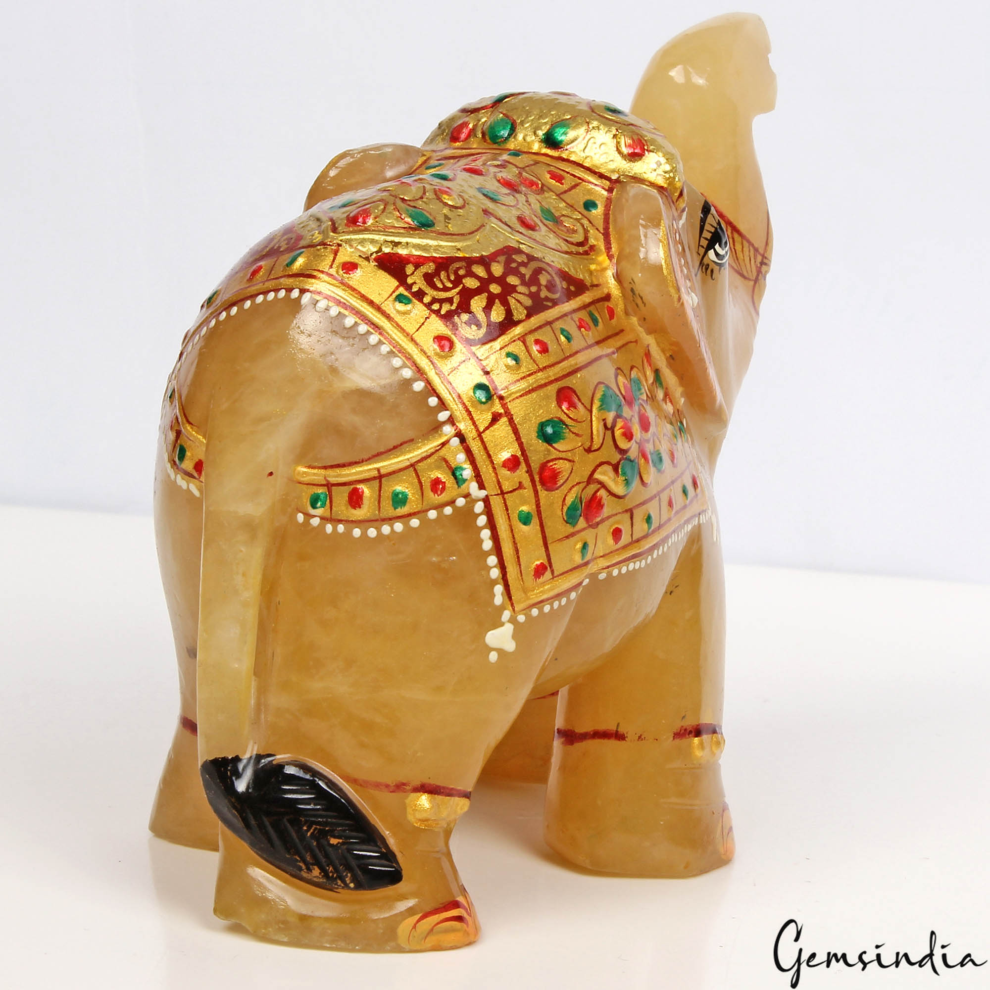 3080 Ct Hand Crafted Gold Painted Trunk Up Elephant Natural Aventurine Sculpture