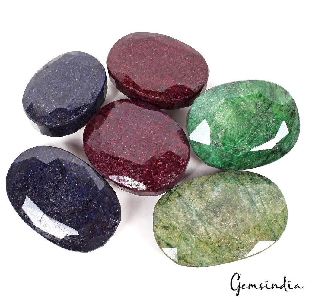 6200 Ct 6 Pcs Natural Multi Color Emerald Ruby Sapphire Mixed Cut Loose Gem Lot