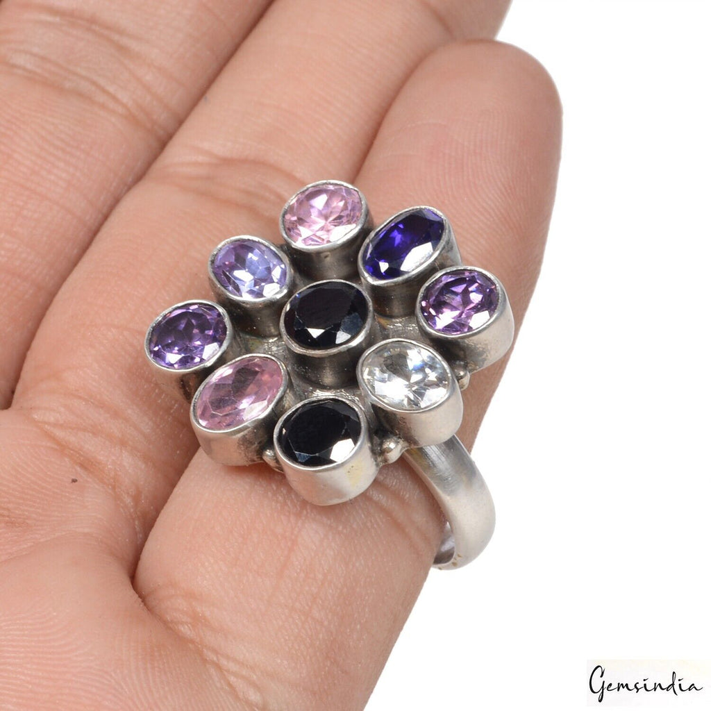 925 Sterling Silver Multi Color Cubic Zirconia Flower Motif Cocktail Ring~8.5 US