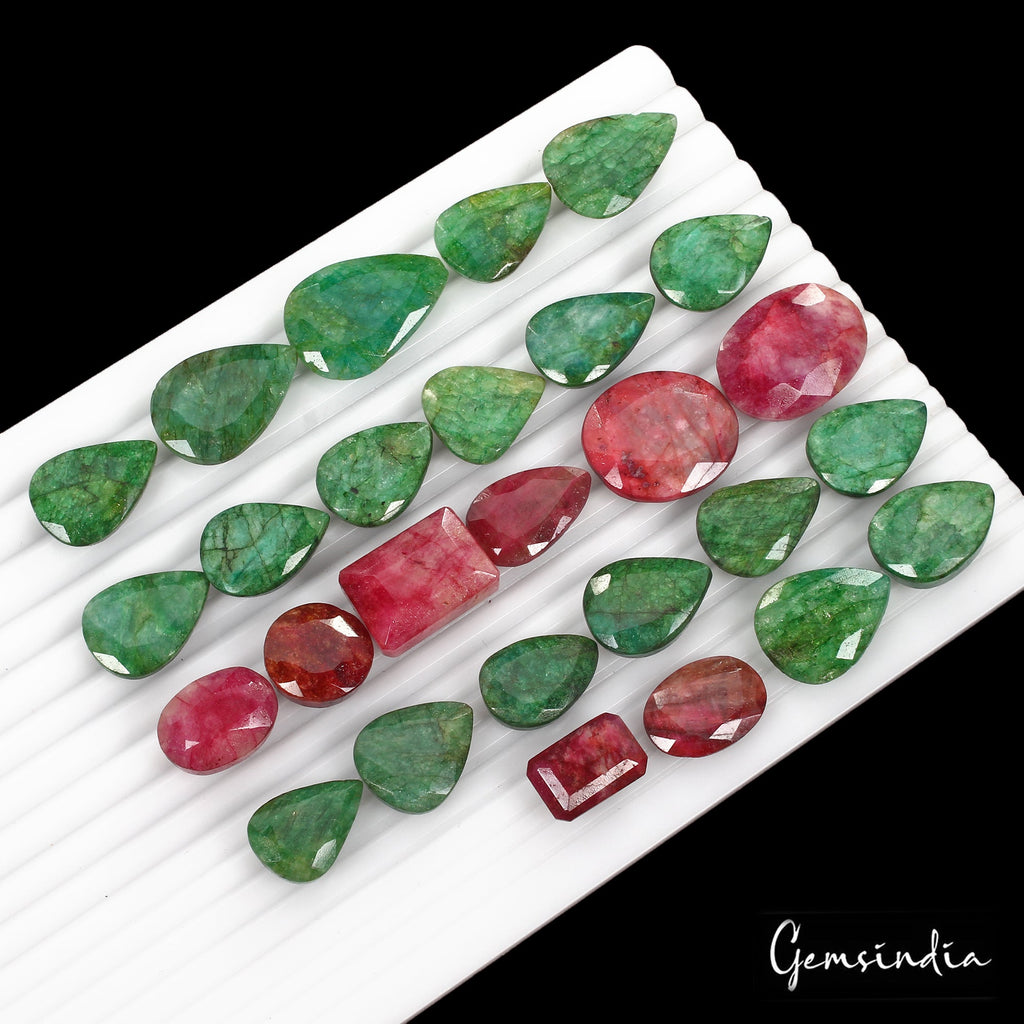 730 Cts/27 Pcs Natural Red Beryl Green Emerald Mixed Cut Loose Gems For Jewelry