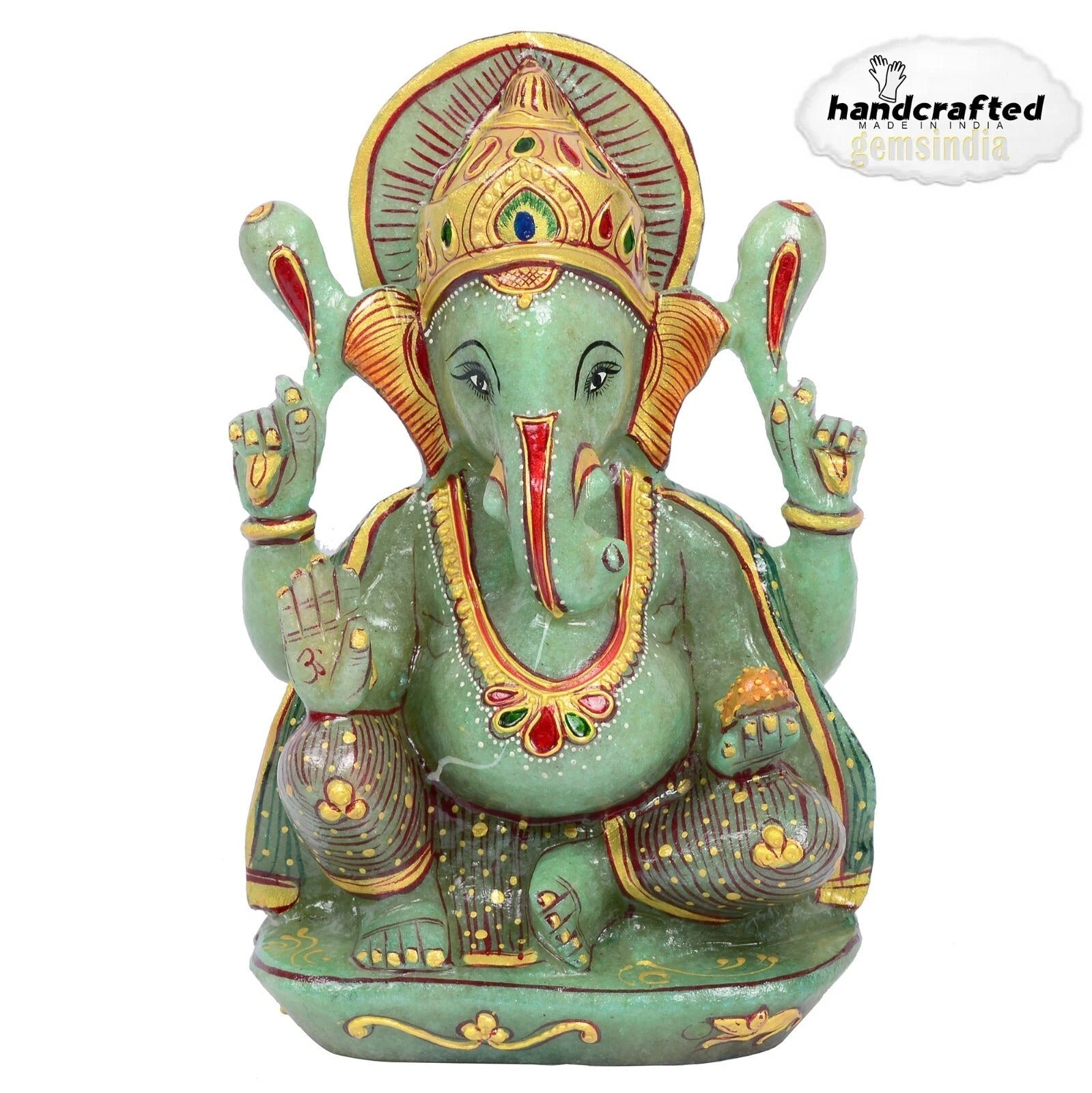 1.9 Kg Natural Aventurine Single Stone Carved Lord Ganesha Gold Paint Sculpture