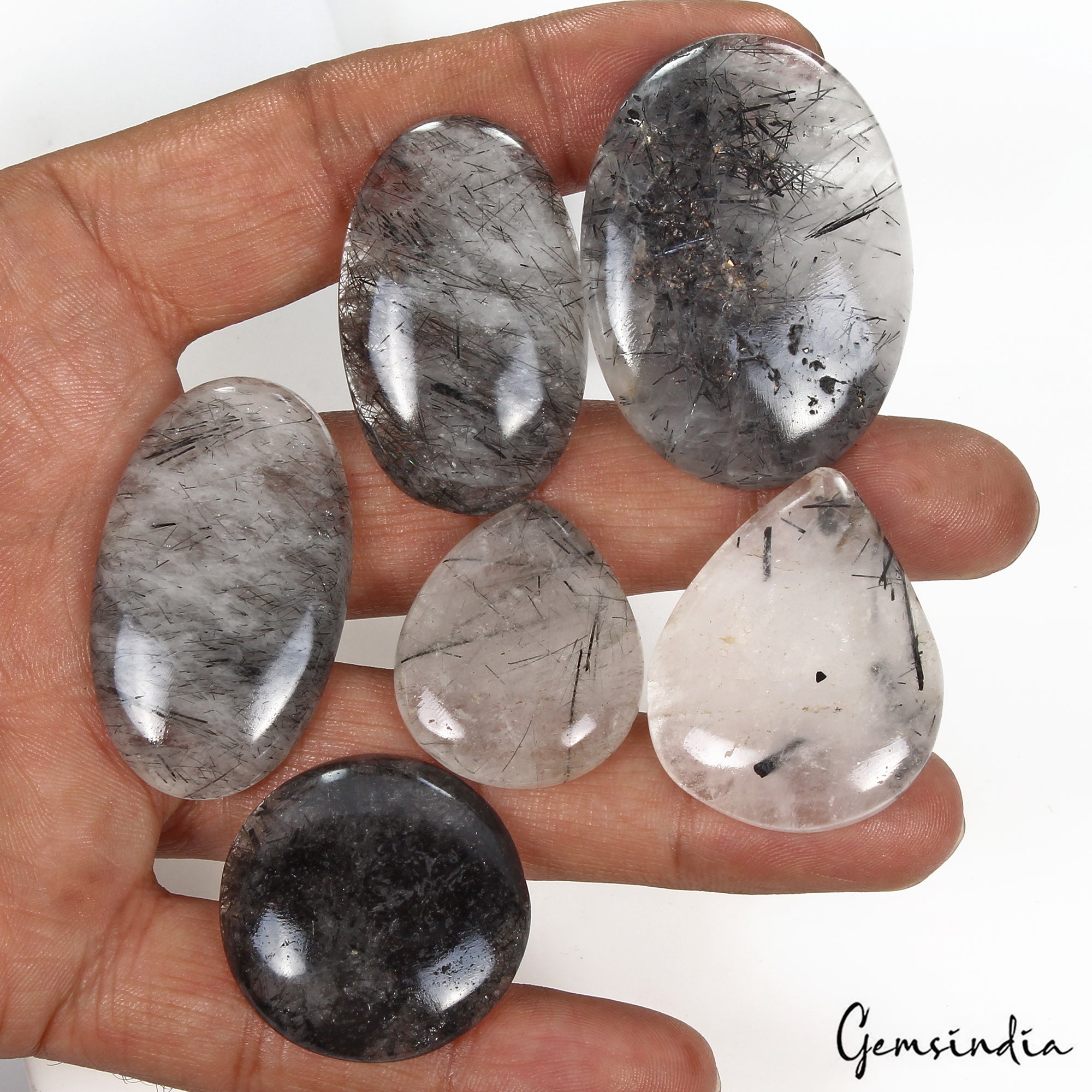 380 Cts/6 Pcs Natural Untreated Black Wire Rutile Quartz Mix Cab Loose Gems Lot
