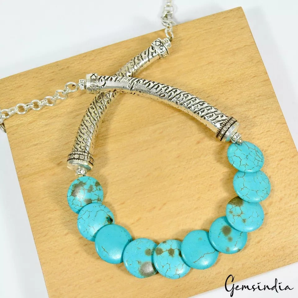49.71Gm German Carved Silver/Blue Turquoise Gem Beaded Antique Hasli Necklace16"