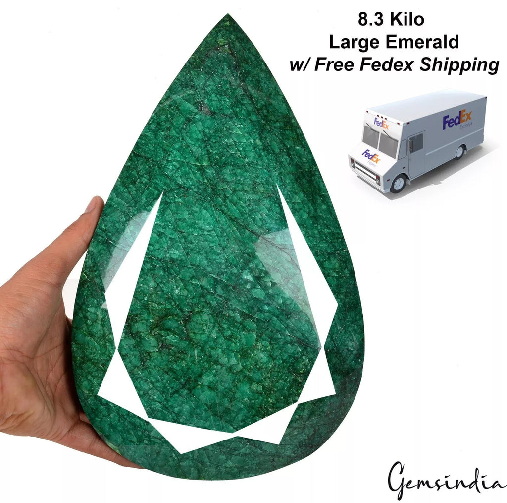 Biggest 8.3 Kilo Natural Brazilian Dark Green Emerald Pear Faceted Huge Size Gem
