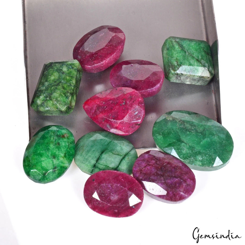 380 Cts/10 Pcs Natural Red Ruby Green Emerald Mixed Cut Loose Wholesale Gems Lot