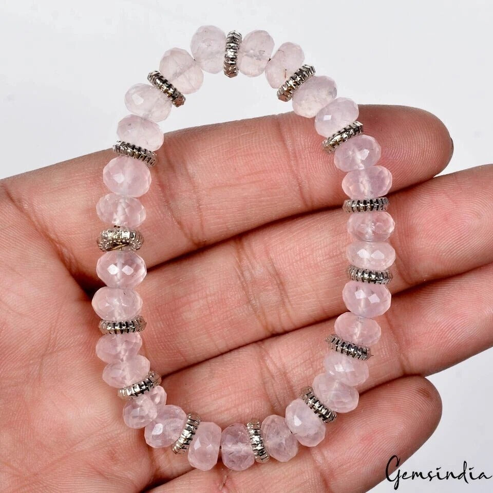Natural Rose Quartz Stone Bracelet 8mm Pink Crystal Stretch Bracelet Handmade