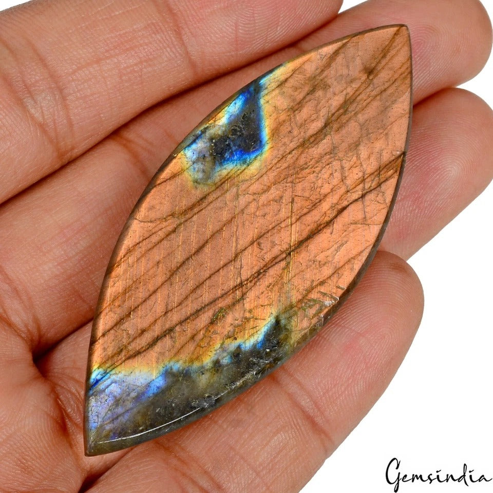 Certified 130 Cts Natural Labradorite Peach Fire Marquise Cab Gemstone 70x27mm