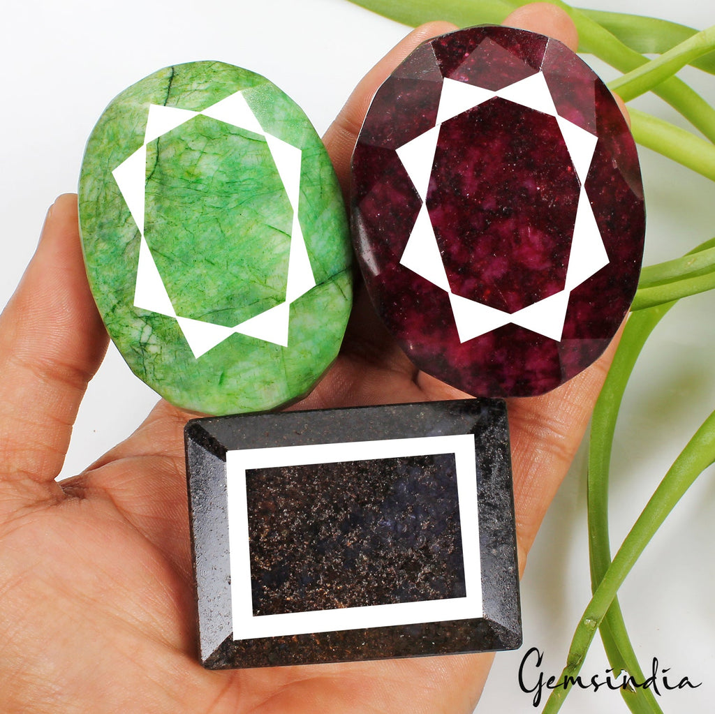 3100 Ct/3 Pcs Natural Multi Color Emerald Ruby Sapphire Mixed Cut Huge Gems Lot