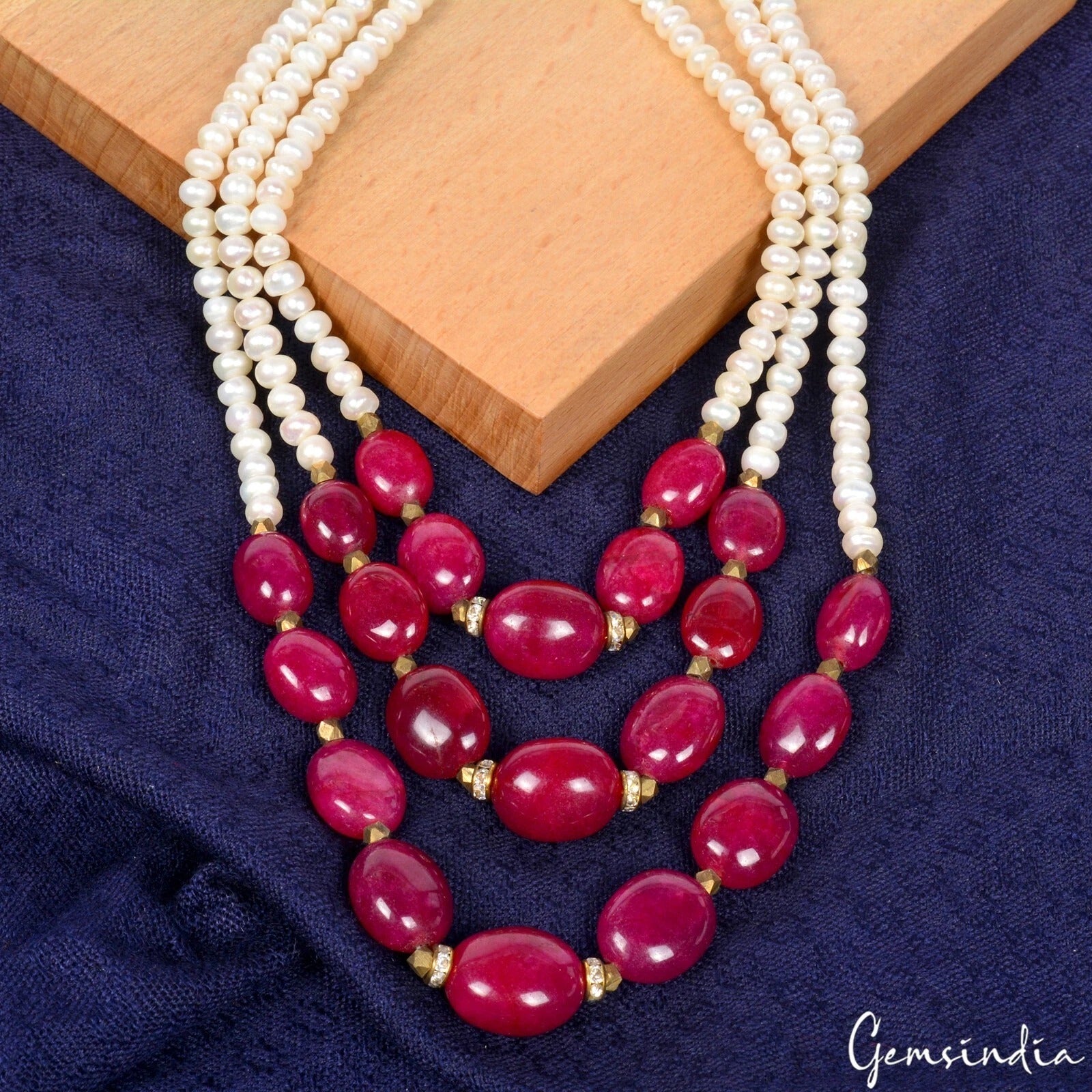 Handmade Freshwater Pearl & Red Quartz Gems Beads 3 Strand Designer Necklace 21"