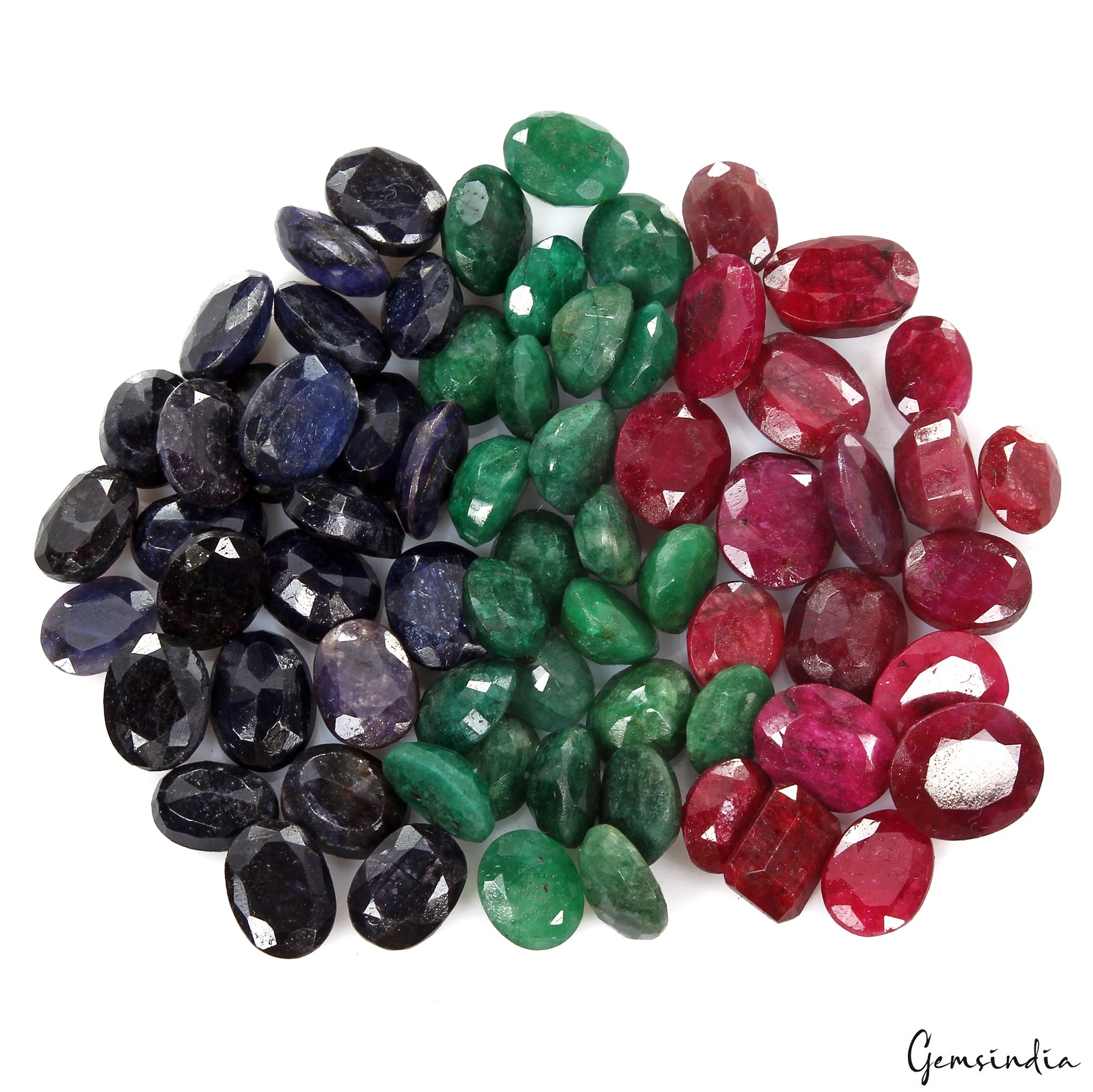 300 Cts/69 Pcs Natural Red Ruby Green Emerald Blue Sapphire Oval Cut Loose Gems