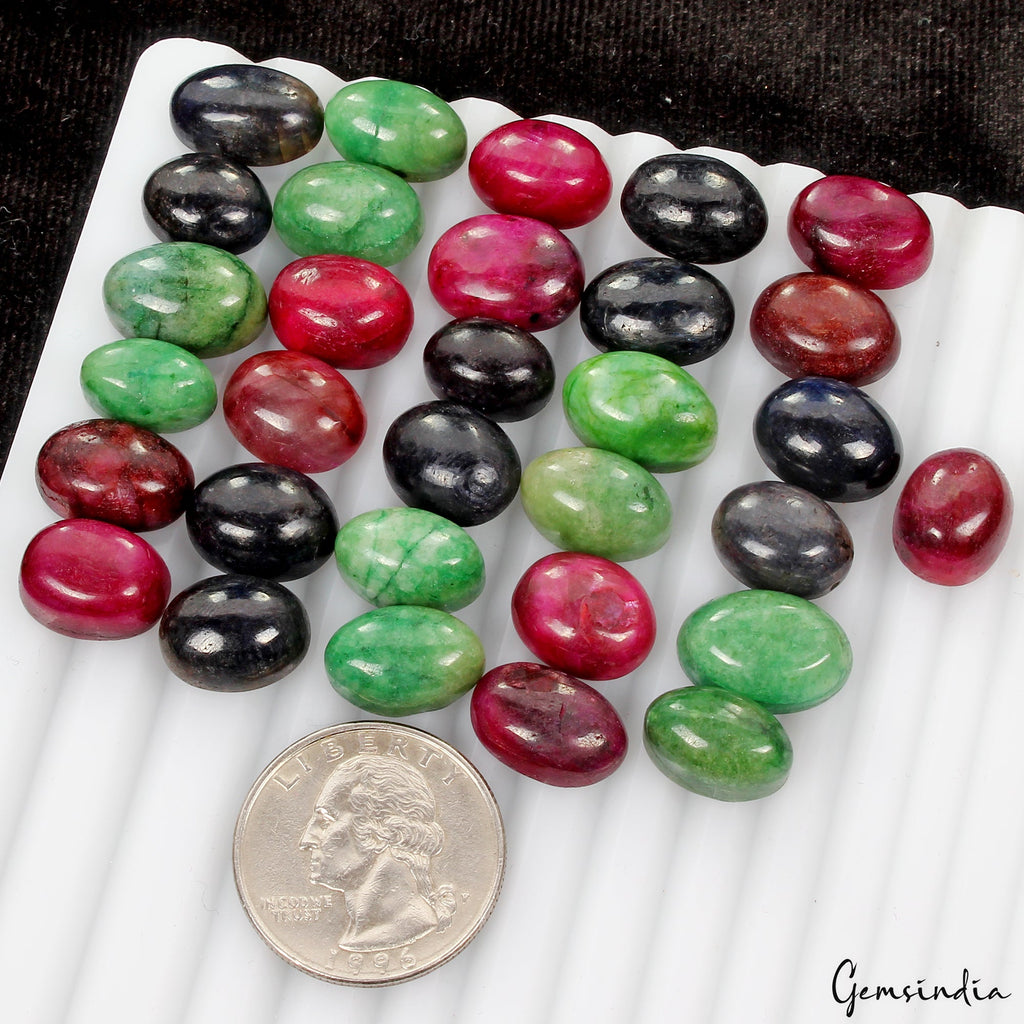 Certified 300 Ct Natural Ruby Emerald Sapphire Oval Cabochon Loose Gemstones Lot