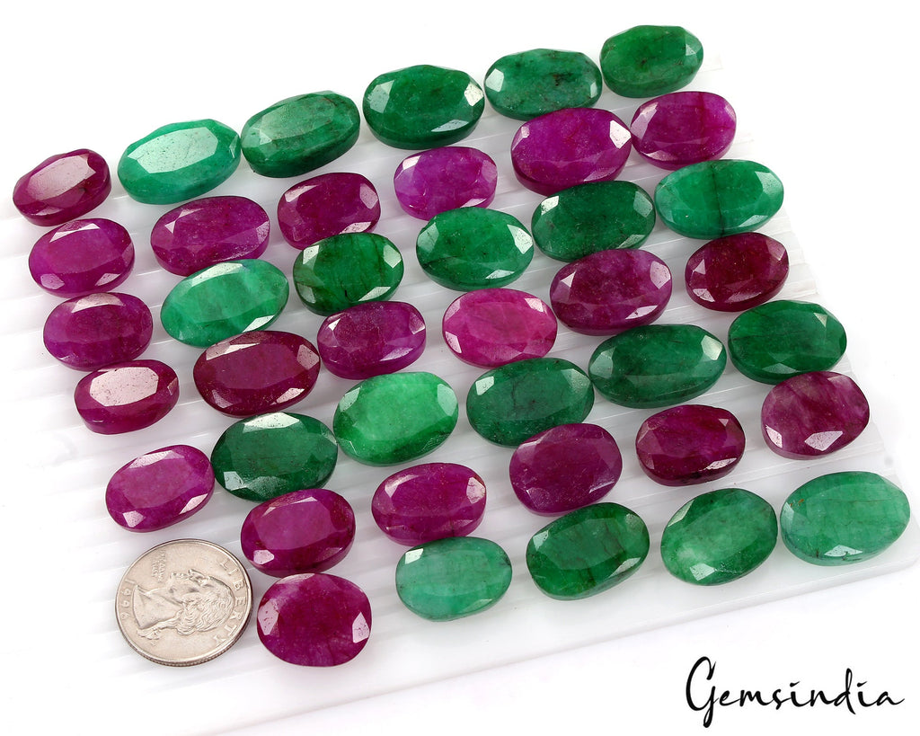 1000Ct/40Pcs Natural Red Beryl/Green Emerald Oval Cut Loose Gems Lot For Jewelry