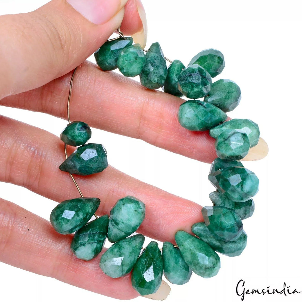Natural Green Emerald Teardrop Checker Cut Loose Side Drilled Beads Lot 24 Pcs