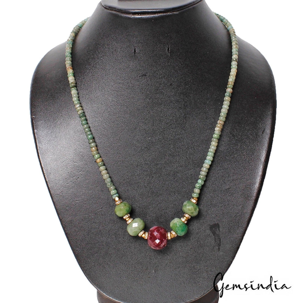 184.30 Ct Natural Red Ruby Green Emerald Round Beaded Single Strand Necklace 20"