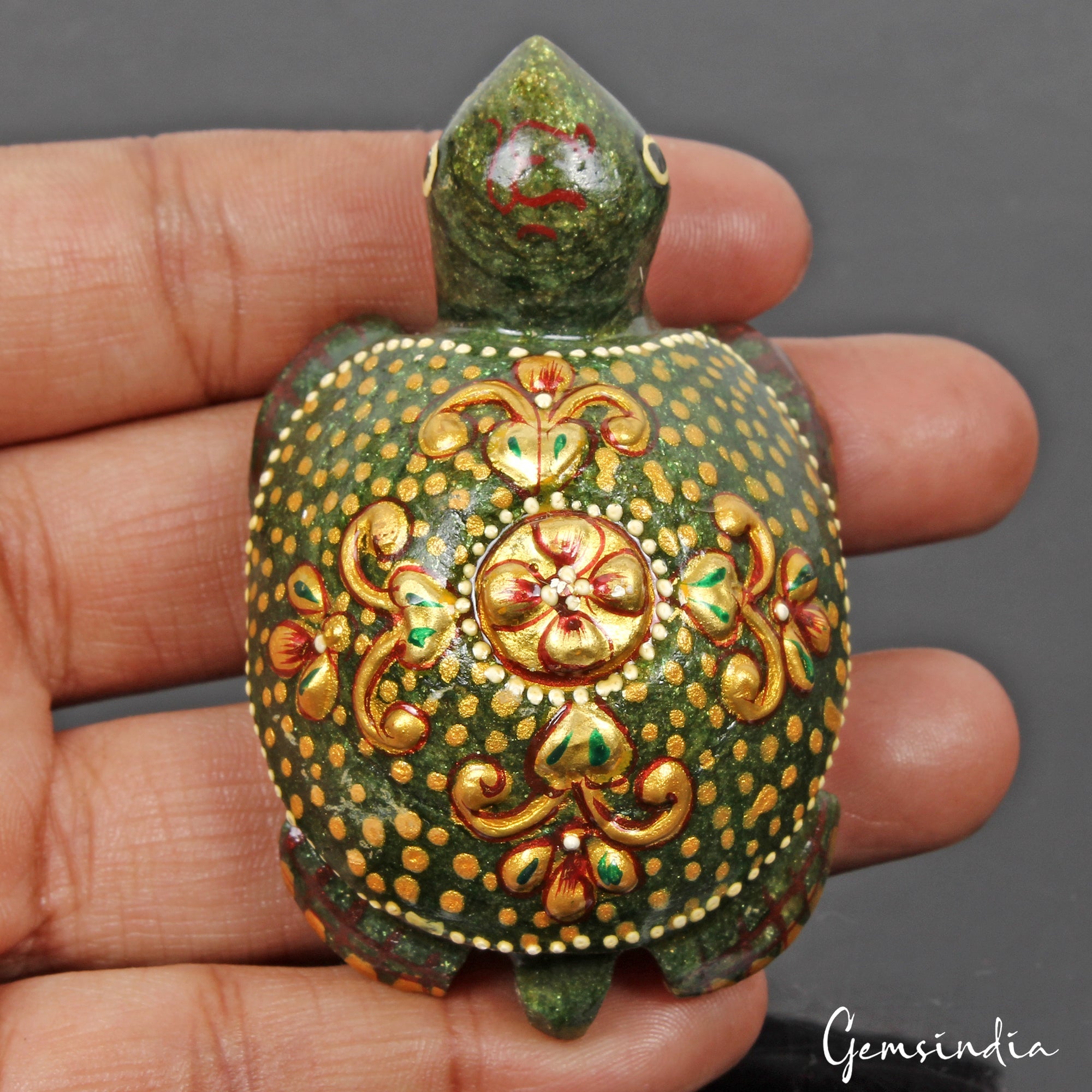 470 Cts Natural Untreated Green Golden Paint Aventurine Turtle Carved Sculpture