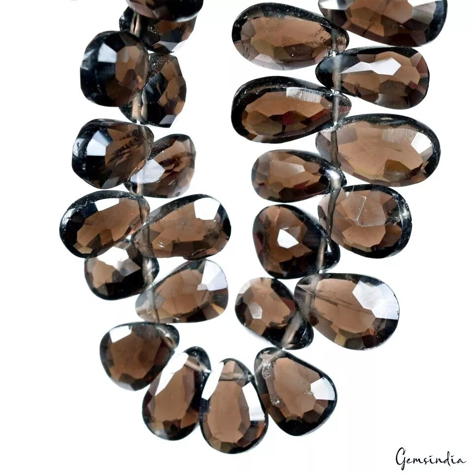 8 Inch Natural Brown Smoky Quartz 8mm-10mm Pear Cut Drilled Loose Gemstones Lot