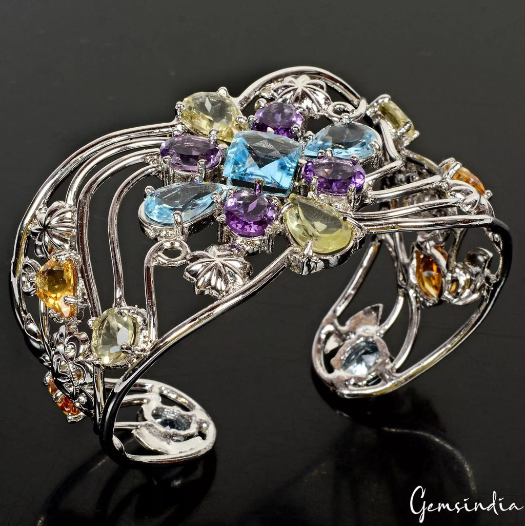 49gm Natural Unheated Multi Gemstone Huge 925 Sterling Silver Bracelet Hand Cuff